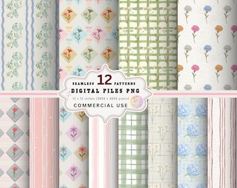 Cottagecore Floral Seamless Digital Paper Pack, Vintage Pastel Patterns (Digital Download)