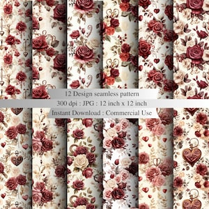 Vintage Red Rose Seamless Pattern with Heart Keys, Romantic Floral Fabric Print, Victorian Botanical Digital Paper