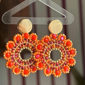 KARINA | Coral earrings, gold pearl earrings, handmade glass bead earrings, orange earrings, statement earrings, boho hippie earrings