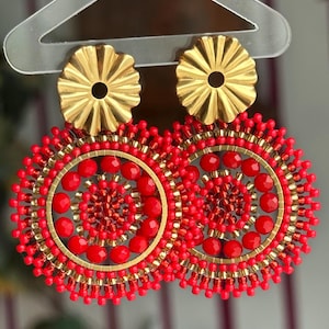 REBECA | Statement earrings red gold, pearl earrings gold, red earrings, glass pearl earrings, stainless steel jewelry, boho earrings, pearl jewelry