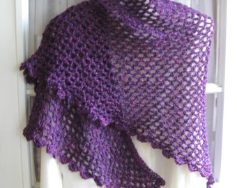 Rose, Blue, and Black Variegated Crocheted Triangular Wool Blend Shawl with Shell Stitch Edging