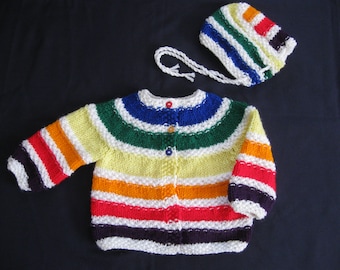 Handknit Baby Dark Rainbow Sweater and Hat Set