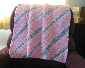 Square Crocheted Baby Blanket in Pink, White and Multi-color Variegated