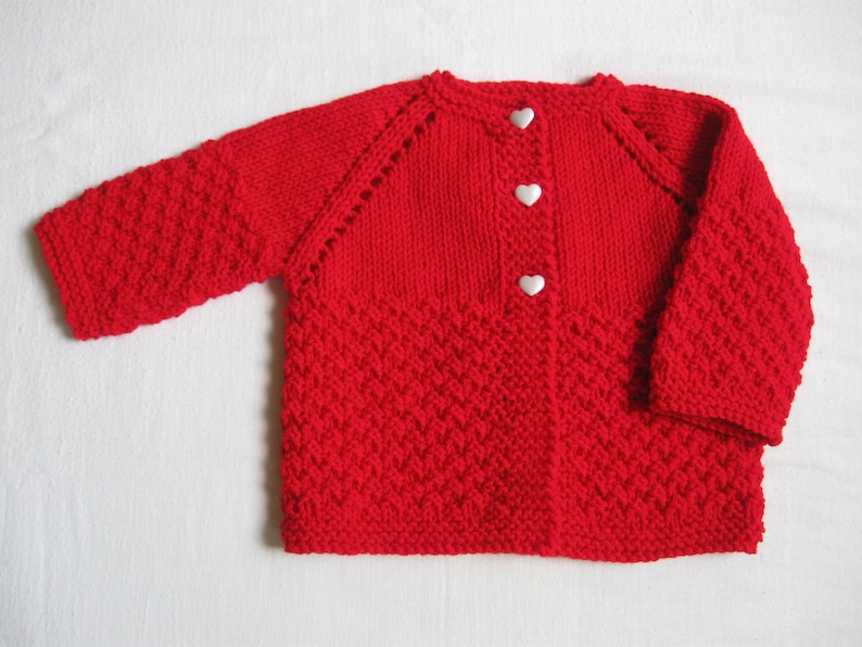 Hand Knit Red Cardigan with White Heart Buttons for Baby