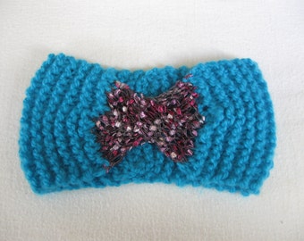 Hand Knit Headband inTurquoise with Ladder Yarn in Shades of Pink and Burgundy