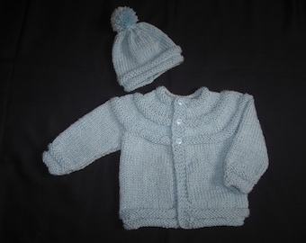 Blue Yoke Style Handknit Baby Sweater and Hat