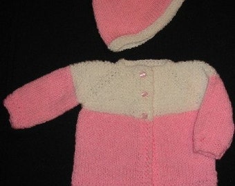 Pink and White Baby Sweater and Hat Set