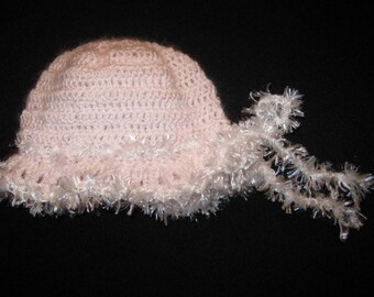 Crocheted Baby Brim Hat in Pink with White Trim