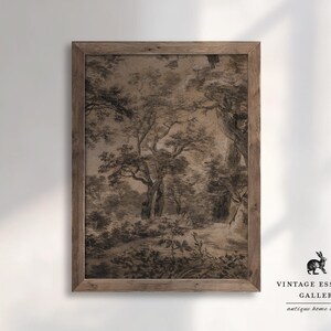 May include: A framed black and white print of a forest scene. The print is in a rustic wooden frame and has a vintage feel.