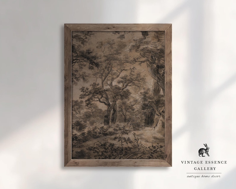 May include: A framed black and white print of a forest scene. The print is in a rustic wooden frame and has a vintage feel.