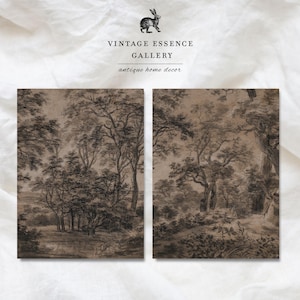 Vintage Stimmungsvolle Waldlandschaft | Set Aus 2 Drucken | DRUCKBAR Über Bett Wandkunst | Dunkle Wald Bäume Malerei | Cottagecore ästhetischer Druck