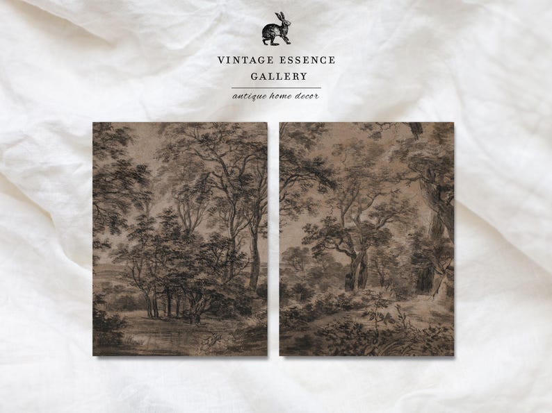 May include: Two black and white vintage illustrations of a forest scene. The illustrations are framed and ready to hang.
