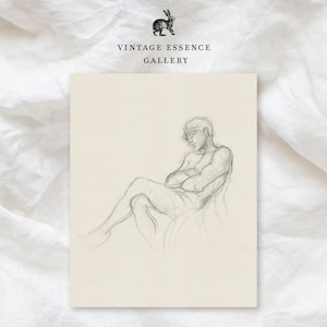 Vintage Classic Figur Skizze | Antike Studie Bleistiftzeichnung | Sitzender Mann Druck | Minimalistische neutrale Wandkunst | DRUCKBARE Elegante Kunstwerk