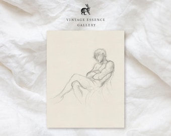 Vintage Classic Figure Sketch | Antique Study Pencil Drawing | Seated Man Print | Minimalist Neutral Wall Art | PRINTABLE Elegant Artwork