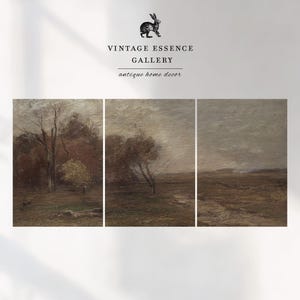 May include: A set of three landscape paintings depicting a woodland scene with trees and a field. The paintings are in muted tones of brown, grey, and green.