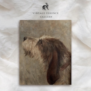 May include: A close-up of a painting of a dog's head, looking up. The dog has brown and white fur and is painted in a realistic style.