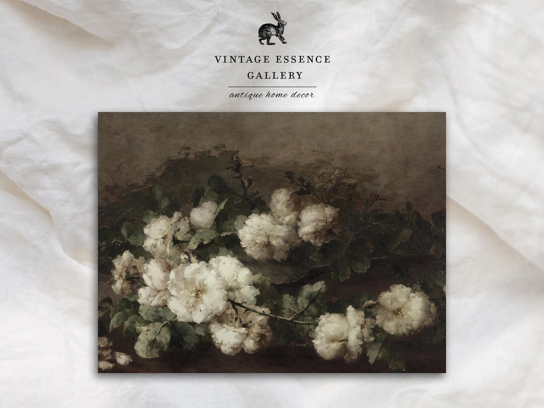 White Roses Still Life Botanical Print | Vintage Dark Moody Floral Oil ...