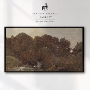 May include: A framed landscape painting with a dark, moody color palette. The artwork depicts a forest scene with a river or stream, and a figure in white. The text "VINTAGE ESSENCE GALLERY antique home decor" is at the top.