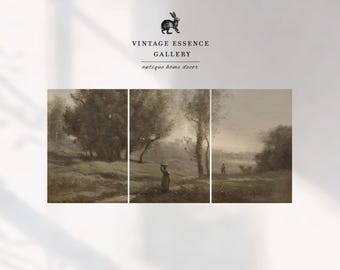 Pastoral Vintage Country Landscape | Set of 3 Prints | PRINTABLE Aesthetic 3 Piece Wall Art Painting | Antique Cottagecore Triptych Print