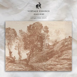 May include: A vintage sepia-toned drawing of a landscape with trees and a hill in the background. The drawing is framed and ready to hang.