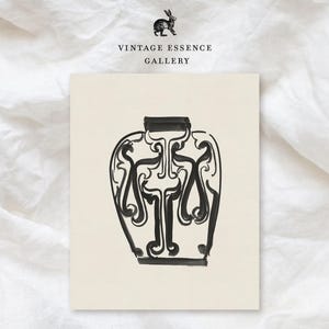 May include: Black and white line art print of a vase with intricate designs. The print is on a cream-colored background.