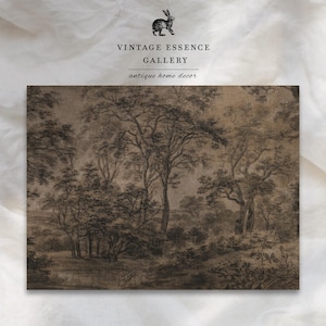 May include: A vintage sepia-toned print of a forest scene with tall trees and a path leading through the woods. The print is framed and ready to hang.  Vintage Essence Gallery, antique home decor.