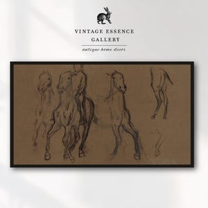 May include: A black and white pencil drawing of five horses on a brown paper background. The drawing is framed in a black frame.