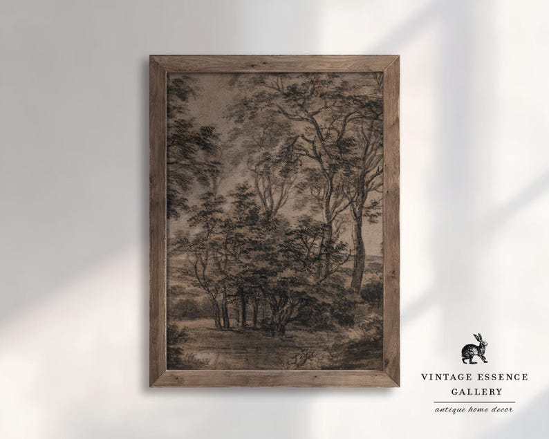 May include: A black and white vintage print of a forest scene with trees and foliage. The print is framed in a dark wood frame.