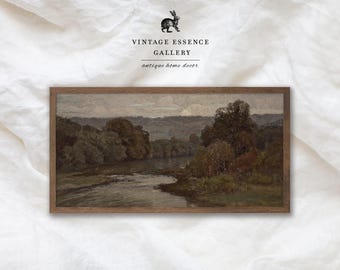 Vintage Panoramic Wall Art | Narrow Moody Above Bed Painting | PRINTABLE Long Horizontal Dark River Landscape, Antique Tranquil Nature Print