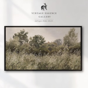 May include: A vintage-style painting of a field of tall grass and trees in the distance. The painting has a soft, muted color palette and a dreamy, atmospheric feel.