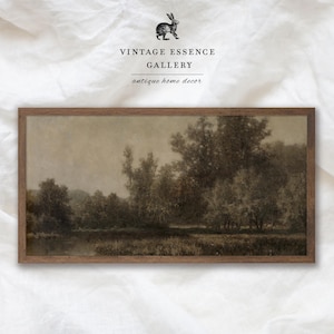 May include: A framed sepia-toned landscape painting depicting a river flowing through a forest. The trees are dense and the sky is cloudy. The painting is in a wooden frame.