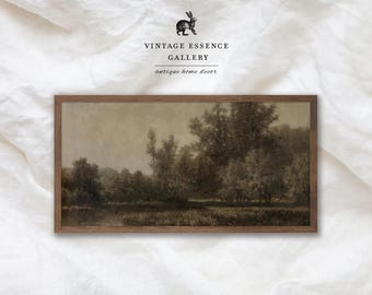 Vintage panoramische muurkunst | Donker humeurig bos bomen landschap | DIGITAAL lang horizontaal schilderij boven het bed | Elegante smalle esthetische print