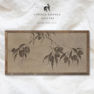May include: A framed print featuring a botanical illustration of a branch with leaves and pinecones in shades of brown and gray. The print is labeled "VINTAGE ESSENCE GALLERY antique home decor."