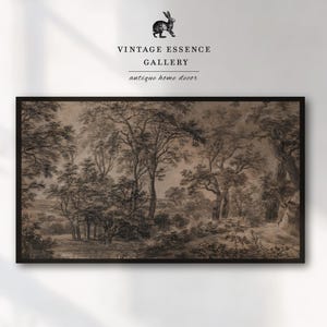 May include: A black and white drawing of a forest scene with trees and foliage. The drawing is framed in a black frame. The image is titled "Vintage Essence Gallery" and "antique home decor".