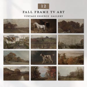 Pode incluir: Uma coleção de 12 pinturas de paisagens digitais intitulada 12 FALL FRAME TV ART VINTAGE ESSENCE GALLERY. O conjunto apresenta cenas em tons terrosos suaves, incluindo cavalos, um cão, edifícios rurais, florestas e corpos de água.