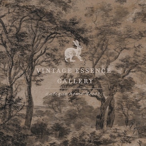 May include: A vintage drawing of a forest scene with a rabbit in the center. The text "Vintage Essence Gallery" and "antique home decor" is below the rabbit.