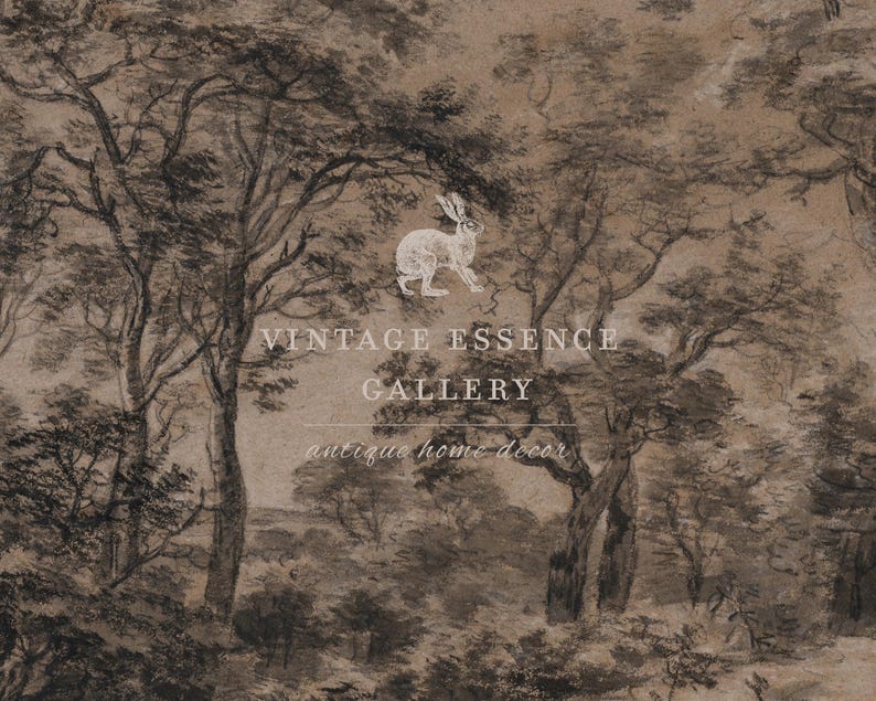 May include: A vintage drawing of a forest scene with a rabbit in the center. The text "Vintage Essence Gallery" and "antique home decor" is below the rabbit.