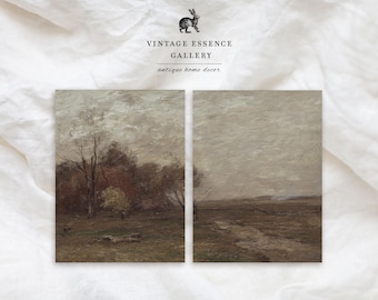 Vintage Autumn Landscape | Dark Moody Rustic Fall Print | Set of 2 Prints | PRINTABLE Aesthetic Wall Gallery Decor | Muted Green Brown Tones