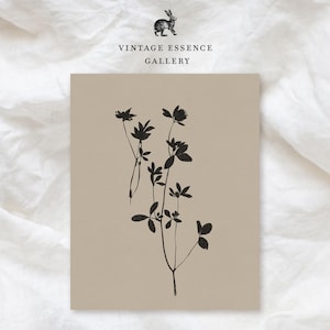 Impresión botánica vintage / Silueta floral negra antigua / Elegante póster digital de herbario / Arte mural minimalista de flores silvestres en beige neutro