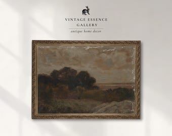 Könnte beinhalten: Ein Landschaftsgemälde in einem dekorativen Goldrahmen mit einer dunklen, stimmungsvollen Szene aus Bäumen, einem Feld und einem bewölkten Himmel. Über dem Kunstwerk steht der Text VINTAGE ESSENCE GALLERY und antique home decor mit einem Hasensymbol.