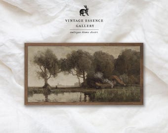 Arte mural panorámico vintage / Paisaje de árboles con río oscuro y melancólico / Pintura digital en tonos verdes neutros antiguos, elegante impresión estética estrecha