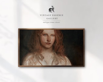 Cornice TV Samsung scura e suggestiva, ritratto di donna vintage, opera d'arte classica estetica su tela, arredamento cottagecore neutro antico
