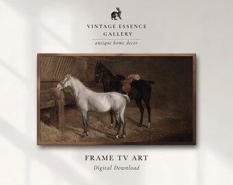 May include: A framed digital art print featuring a painting of a white horse and a black horse with a saddle inside a dark wooden stable. The text VINTAGE ESSENCE GALLERY antique home decor and FRAME TV ART Digital Download appears above and below.