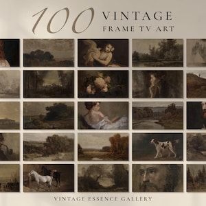 Op de afbeelding: Een digitale collectie getiteld 100 VINTAGE FRAME TV ART door VINTAGE ESSENCE GALLERY, met een raster van twintig rechthoekige afbeeldingen die gedempte, sepia-kleurige klassieke schilderijen van landschappen, portretten, dieren en bloemen tonen.