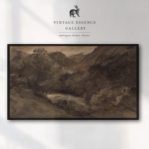 May include: A vintage framed print of a black and white landscape painting depicting a river flowing through a valley with trees and hills. The painting has a muted, sepia tone.