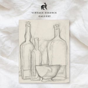 Vintage Still Life Bottles Sketch | Farmhouse Kitchen Decor | Antique Charcoal Drawing | Minimalist Beige Print | Neutral Printable Wall Art