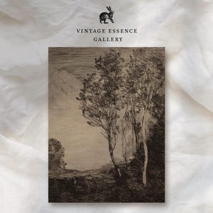 Op de afbeelding: Een zwart-wit vintage print van een landschap met bomen en een bewolkte lucht. De print is getiteld "Vintage Essence Gallery".