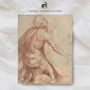 Vintage Sepia Sketch Elderly Man | Classical Figure Drawing | Antique Style Art Print | Devotional Wall Decor | Italian Renaissance Digital