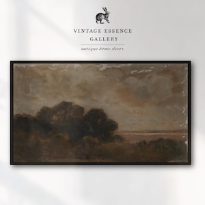 May include: A vintage landscape painting depicting a cloudy sky over a field of trees and a body of water in the distance. The painting is framed in black.