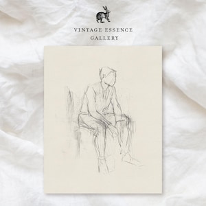 Vintage Bleistift-Skizze Zeichnung | Sitzender Mann Druck | Antike minimalistische Wandkunst | Figur Studie Klassiker | DRUCKBAR Zeitloses Neutrales Kunstwerk